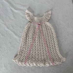 Handmade Hand Crochet White Dress With Pink IT’S A GIRL Ribbon Baby Shower Photo